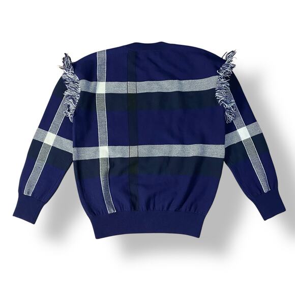 Tory Burch Gwen Sweater Blue and White Checked with Fringe‎ Size Small - Picture 5 of 7